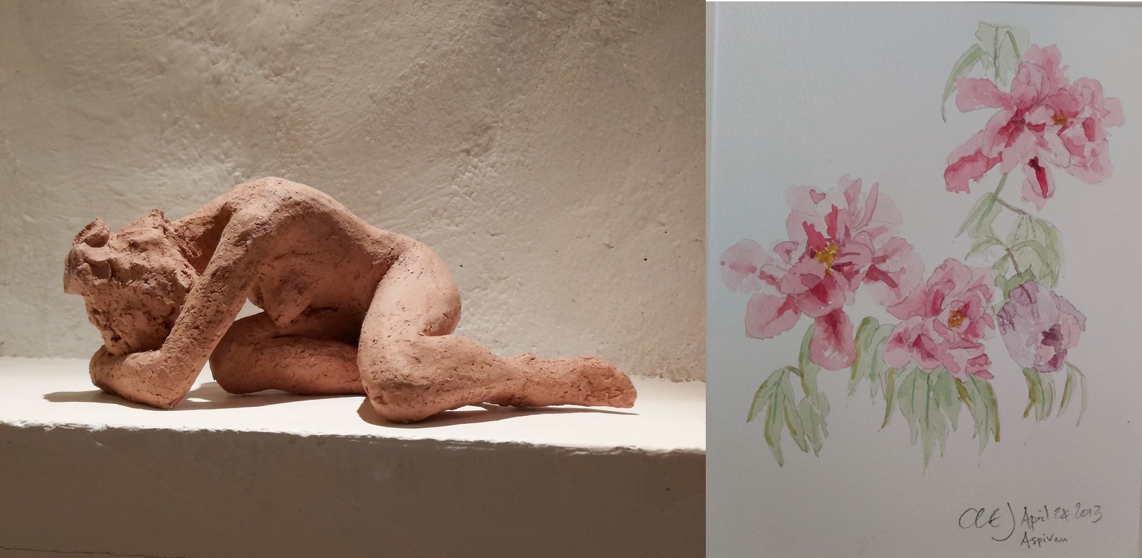 Sculpture en argile représentant une femme et aquarelle représentant des fleurs